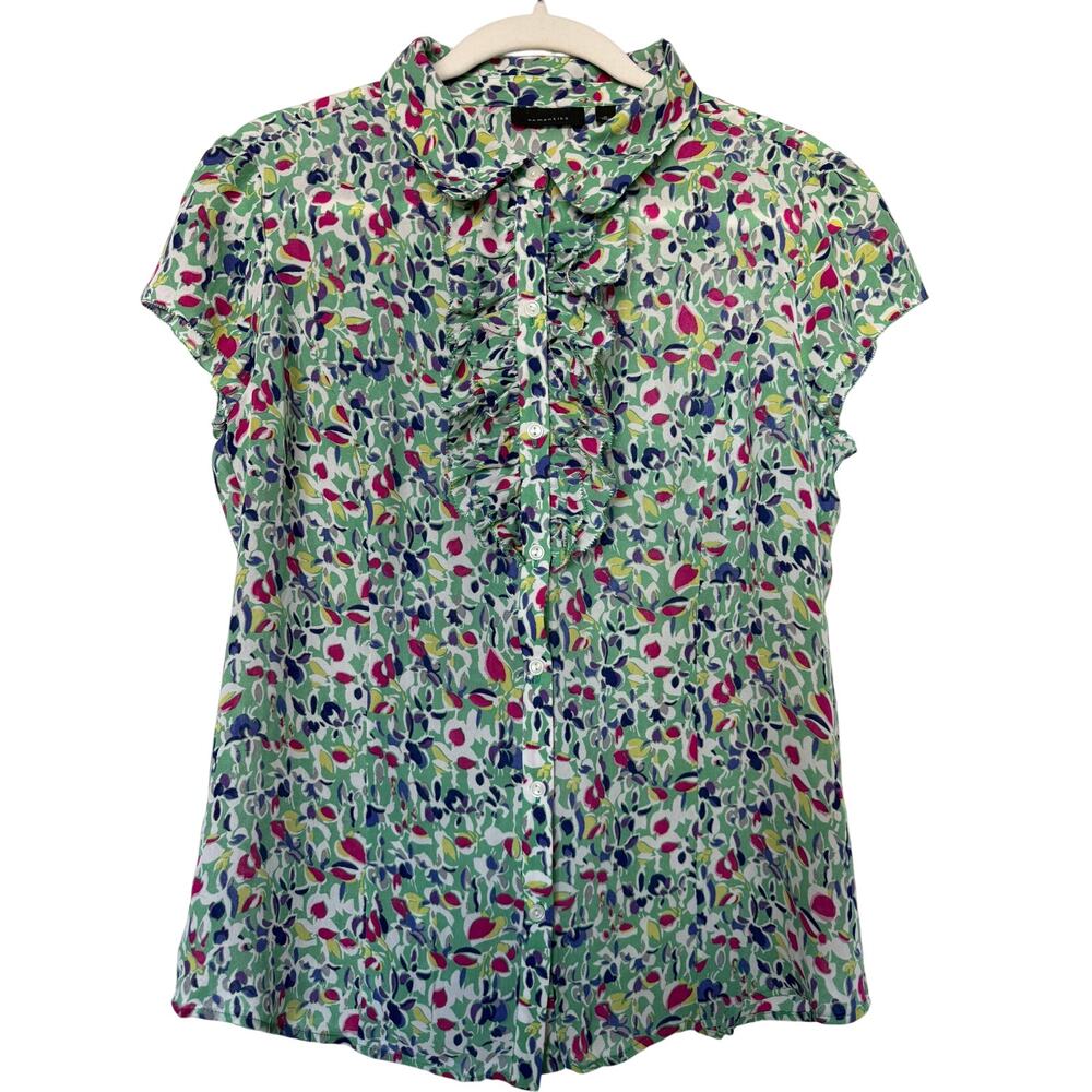 Semantiks Size M Green Multicolor Floral 100% Silk Ruffle Button Down Blouse
